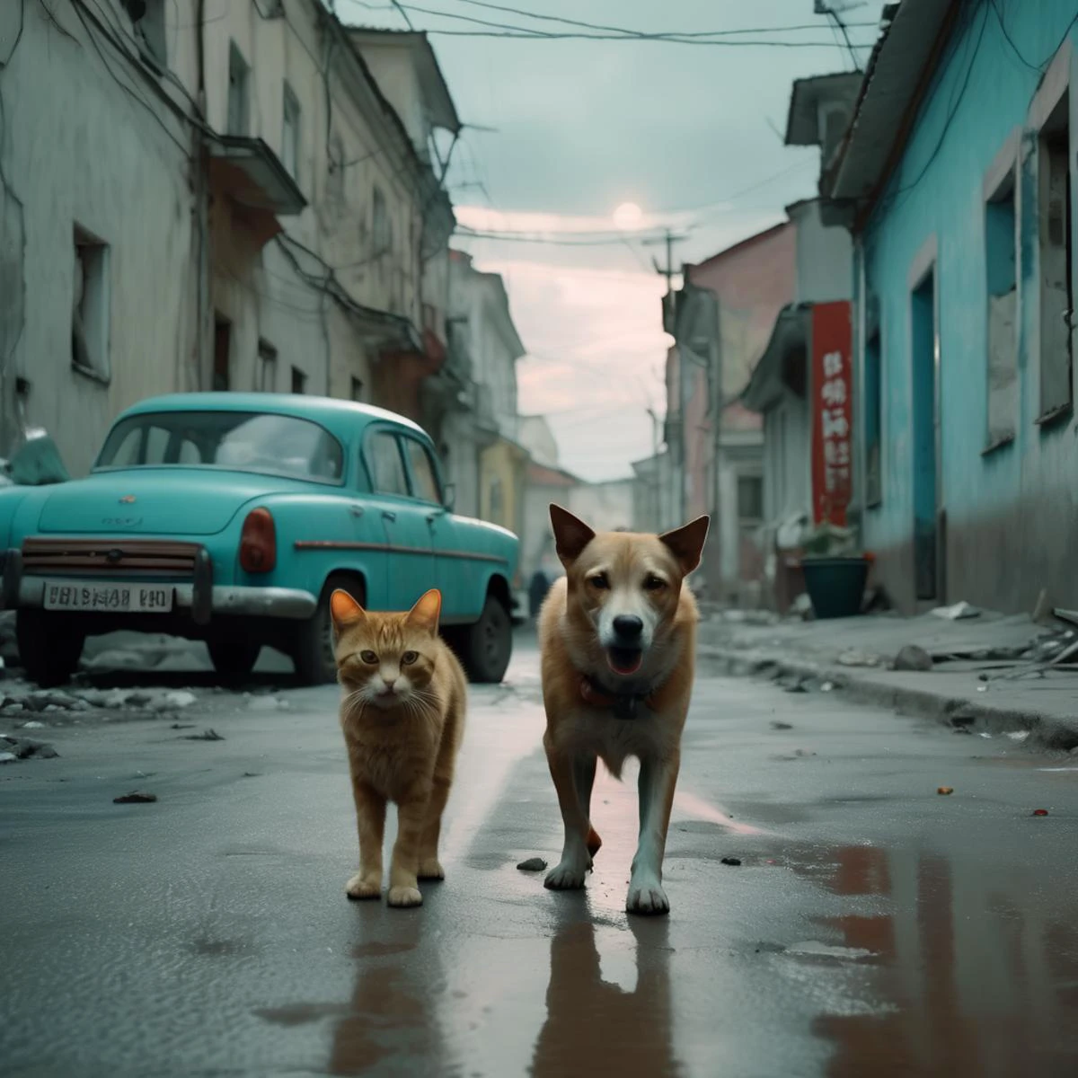 cccp, raw photo cinematic still, rule of thirds, 8k, hdr, stray dog and cat roaming the streets