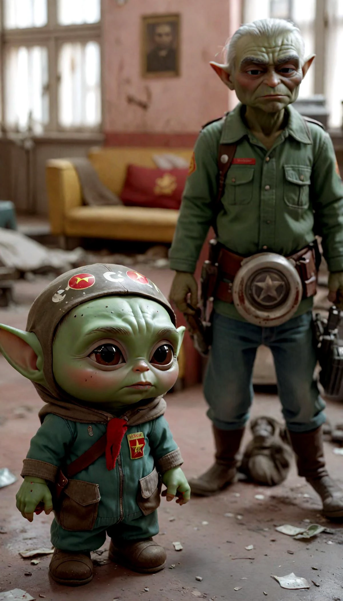 cccp, raw photo cinematic still, rule of thirds, 8k, hdr, yoda and mandalorian are visiting his grandma who works in Communist Party office, Soviet Street , cars, undefined