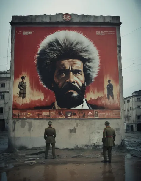 cccp, raw analog photo of a communist party poster on a decayed wall, cinematic still, cinemtic lighting, 4k, uhd, masterpiece