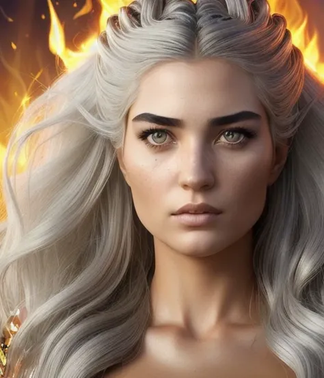 a hyperrealistic portrait of an insanely beautiful sarahcoponat ((goddess of light, engulfed in golden flames)), sharp focus on eyes, insanely detailed hair, 8k high definition, by artgerm and greg Rutkowski, lighting by Daarken, magic the gathering style portrait, gfp:1, upscale:1 , ((silver hair, stunning eyes))<lora:tuba2bat20ecos-000009:1.0>