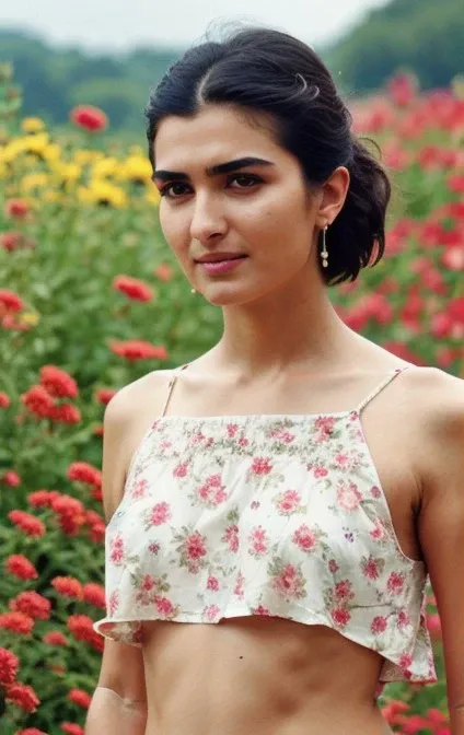 photograph,(young tuba_buyukustun:1.2),in summer clothes with flowers on it,skirt,open shoulders,belly button, <lora:tuba2batch10rep20ep-000019:0.4>, Photorealistic, Hyperrealistic, Hyperdetailed, analog style, detailed skin, matte skin, soft lighting, subsurface scattering, realistic, heavy shadow, masterpiece, best quality, ultra realistic, 8k, golden ratio, Intricate, High Detail, film photography, soft focus