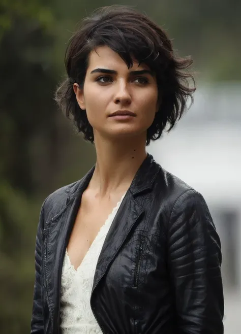 art by Greg Rutkowski, photograph,tuba_buyukustun , Tough hair styled as Bob with bangs, Raining, soft focus, Manic, Hasselblad, Depth of field 100mm, <lora:tuba2batch10rep20ep-000019:0.7>