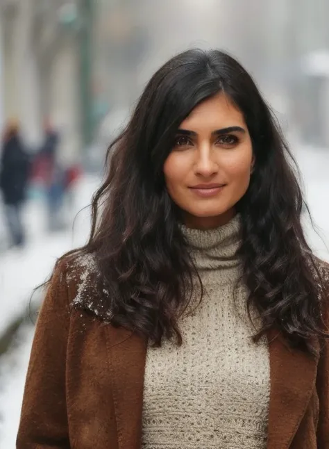professional portrait photograph of a gorgeous tuba_buyukustun, in winter clothing with long wavy dark hair, ((sultry look)), freckles,
beautiful symmetrical face, cute natural makeup, ((standing outside in snowy city street)), ultra realistic, concept art, elegant, highly detailed, intricate, sharp focus, depth of field, f/1. 8, 85mm, medium shot, mid shot, (centered image composition), (professionally color graded), ((bright soft diffused light)), volumetric fog, trending on instagram, hdr 4k,<lora:tuba2batch10rep20ep-000019:0.7>,