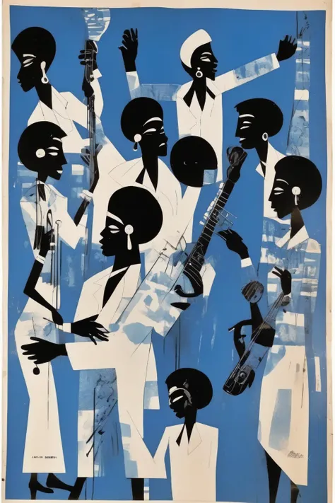 <lora:Romare Bearden Style:1>Romare Bearden Style - Blue and white Ethiopia vintage music poster drew
