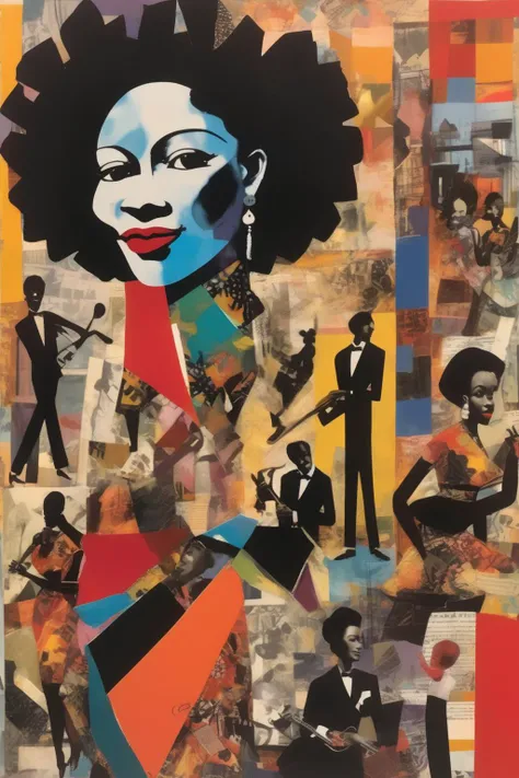 <lora:Romare Bearden Style:1>Romare Bearden Style - Pay homage to the vibrant and energetic collages of Romare Bearden with your own interpretation. Combine different elements, such as photographs, paint, and fabric, to create a dynamic and expressive composition. Explore themes of African American culture, jazz, and urban life, capturing the spirit of Bearden's iconic collages. Incorporate bold colors and strong visual elements to create a captivating artwork