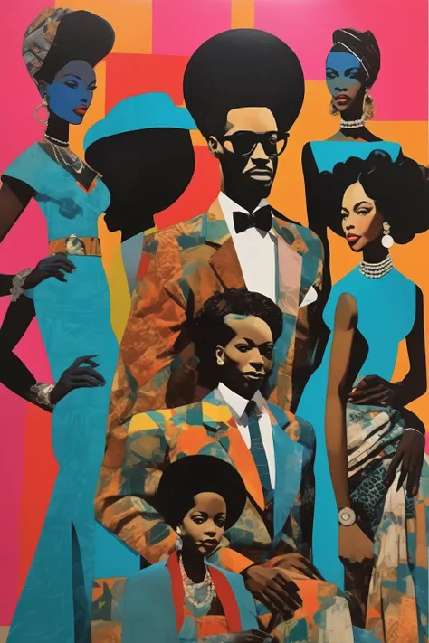 <lora:Romare Bearden Style:1>Romare Bearden Style - hipster black Royal family in the year 2045, Romare Bearden mashup with Mickalene Thomas, vibrant colors including turquoise