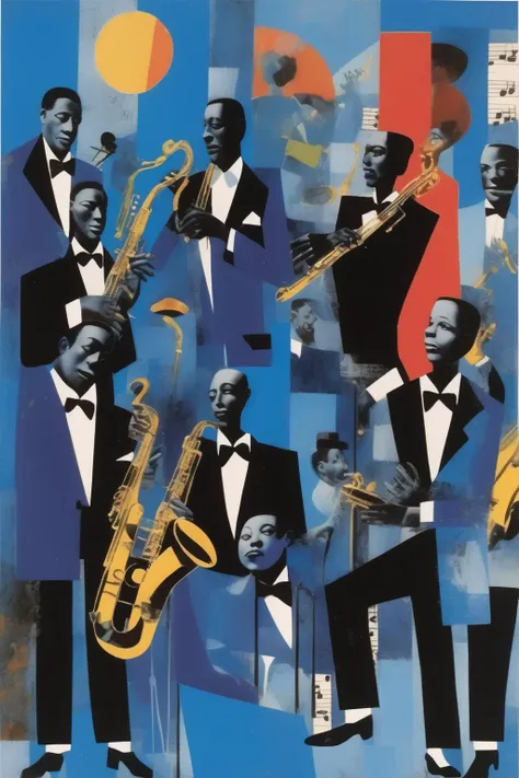 <lora:Romare Bearden Style:1>Romare Bearden Style - create image of jazz in blue in the style of peter blake