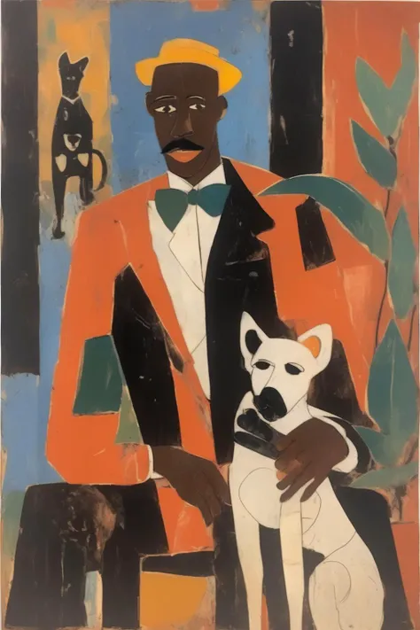<lora:Romare Bearden Style:1>Romare Bearden Style - black man with a dog in style of Matisse with terracota colors and worn paint textures