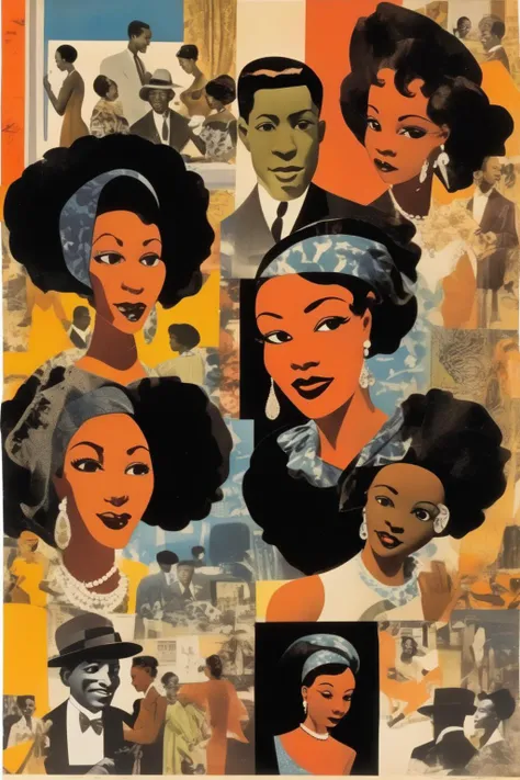 <lora:Romare Bearden Style:1>Romare Bearden Style - Harters picture archive for collage and illustration with and african american theme
