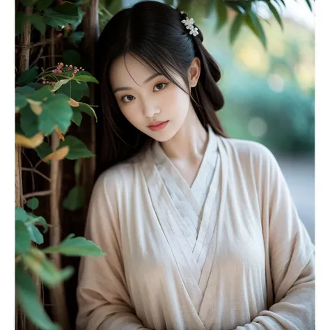 masterpiece, best quality, highres, ultra high res,real, photorealistic,1 female,morning,natural lighting,looking at viewer,outdoor,full body,hair ornament,smile,lying on ground,chinese clothes style,tshirt,pleated skirt,forest,cherry blossom tree,normal body shape,oval face,high ponytail,long hair,details eyes,lipstick,huge breasts,medium waist,slim thighs,barefoot