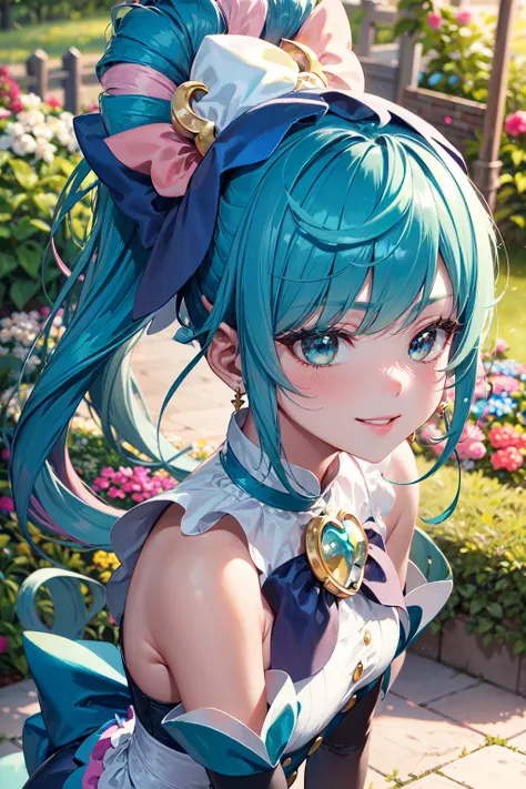 (masterpiece, best quality, ultra detailed), (perfect face, detailed face), (detailed background, complex background:1.2), full-face blush, smile, happy, parted lips,
<lora:locon_cure_spicy_02:0.7> cure spicy, multicolored hair, ponytail, blue high heels, blue legwear, headwear, gloves, brooch, earrings, ahoge, apron, ribbon, wristwatch,
(outdoors, garden, thighs)