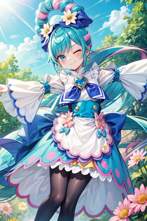 masterpiece,best quality,1girl,solo,cure spicy,blue eyes,multicolored hair,ponytail,blue legwear,headwear,brooch,earrings,ahoge,apron,ribbon,wristwatch,(long dress),hat,hair flower,white skirt,long sleeves,wide sleeves,smile,one eye closed,spread arms,blue sky,outdoors,(dutch angle),<lora:Concept-control tool-add_detail-CyberAIchemist:0.8>,<lora:locon_cure_spicy_02:0.9>,