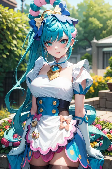 (masterpiece, best quality, ultra detailed), (perfect face, detailed face), (detailed background, complex background:1.2), full-face blush, smile, happy, parted lips, cowboy shot,
<lora:locon_cure_spicy_02:1> cure spicy, multicolored hair, ponytail, blue high heels, blue legwear, headwear, gloves, brooch, earrings, ahoge, apron, ribbon, wristwatch,
(outdoors, garden, thighs)