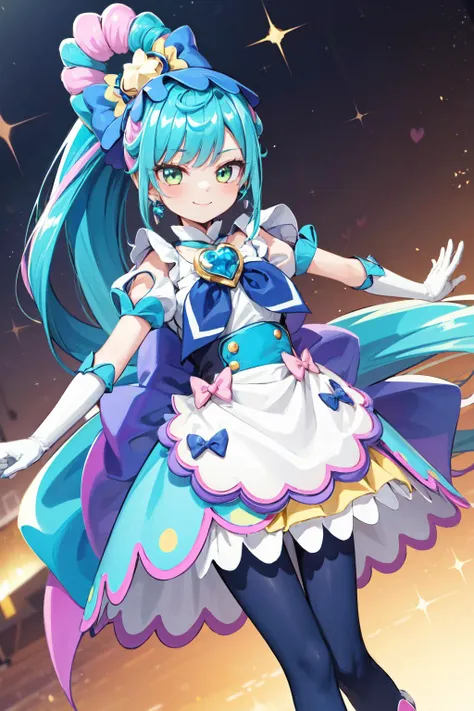 masterpiece,best quality,1girl,cure spicy,multicolored hair,ponytail,very long hair,blue legwear,headwear,gloves,brooch,earrings,ahoge,apron,ribbon,wristwatch,smile,spread arms,dynamic pose,(dutch angle),sparkle,light particles,(multicolored background),<lora:Concept-control tool-add_detail-CyberAIchemist:0.3>,<lora:locon_cure_spicy_02:0.9>,