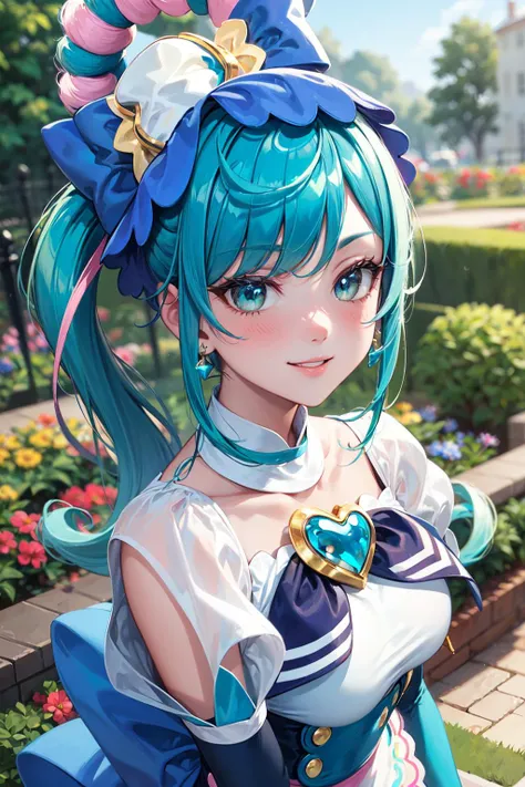 (masterpiece, best quality, ultra detailed), (perfect face, detailed face), (detailed background, complex background:1.2), full-face blush, smile, happy, parted lips,
<lora:locon_cure_spicy_02:1> cure spicy, multicolored hair, ponytail, blue high heels, blue legwear, headwear, gloves, brooch, earrings, ahoge, apron, ribbon, wristwatch,
(outdoors, garden, thighs)