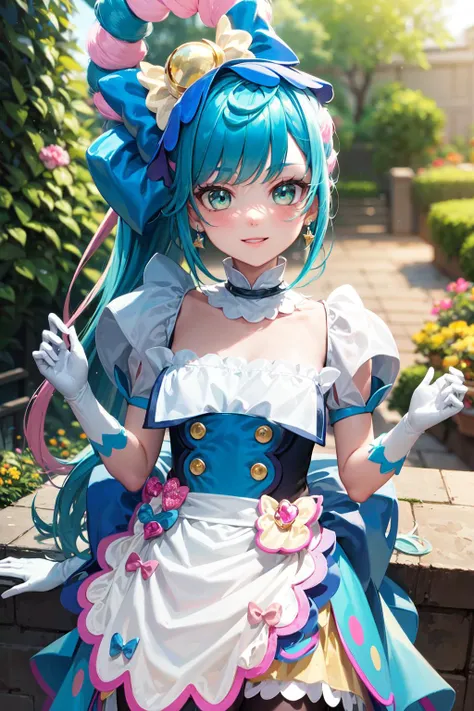 (masterpiece, best quality, ultra detailed), (perfect face, detailed face), (detailed background, complex background:1.2), full-face blush, smile, happy, parted lips,
<lora:locon_cure_spicy_02:1> cure spicy, multicolored hair, ponytail, blue high heels, blue legwear, headwear, gloves, brooch, earrings, ahoge, apron, ribbon, wristwatch,
(outdoors, garden, thighs)