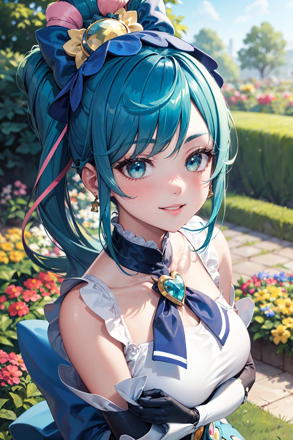 (masterpiece, best quality, ultra detailed), (perfect face, detailed face), (detailed background, complex background:1.2), full-face blush, smile, happy, parted lips,
<lora:locon_cure_spicy_02:0.7> cure spicy, multicolored hair, ponytail, blue high heels, blue legwear, headwear, gloves, brooch, earrings, ahoge, apron, ribbon, wristwatch,
(outdoors, garden, thighs)
