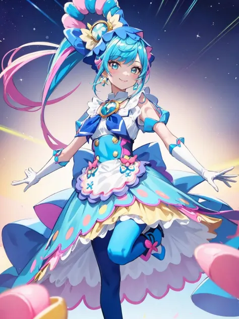 masterpiece, best quality, looking at viewer, depth of field, standing, full body, 
1girl, <lora:locon_cure_spicy_02:0.9>, cure spicy, multicolored hair, ponytail, blue high heels, blue legwear, headwear, gloves, brooch, earrings, ahoge, apron, ribbon, wristwatch, 
smile, ((gradient background)), lens flare,