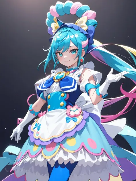 masterpiece, best quality, looking at viewer, depth of field, standing,
1girl, <lora:locon_cure_spicy_02:0.9>, cure spicy, multicolored hair, ponytail, blue high heels, blue legwear, headwear, gloves, brooch, earrings, ahoge, apron, ribbon, wristwatch, 
smile, ((gradient background)), lens flare,