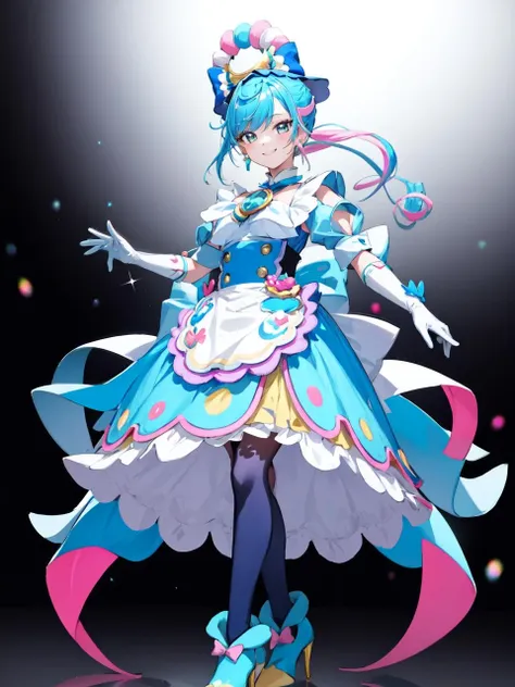 masterpiece, best quality, looking at viewer, depth of field, standing, full body,
1girl, <lora:locon_cure_spicy_02:0.85>, cure spicy, multicolored hair, ponytail, blue high heels, blue shoes, headwear, gloves, brooch, earrings, ahoge, apron, ribbon,
smile, ((gradient background)), lens flare,