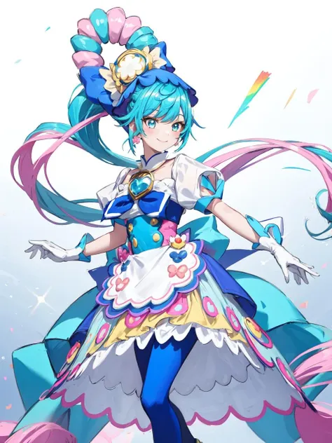 masterpiece, best quality, looking at viewer, depth of field, standing, full body, 
1girl, <lora:locon_cure_spicy_02:0.9>, cure spicy, multicolored hair, ponytail, blue high heels, blue legwear, headwear, gloves, brooch, earrings, ahoge, apron, ribbon, wristwatch, 
smile, ((gradient background)), lens flare,