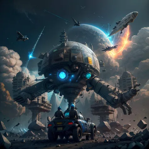 high quality conceptual art amazing detailed shot of a boy wear high tech robotic cat mask, cinematic looks, epic setting in the middle of nuclear blast temple, blueish, flying debris, flying bomb in the far background, dynamic wnvironment