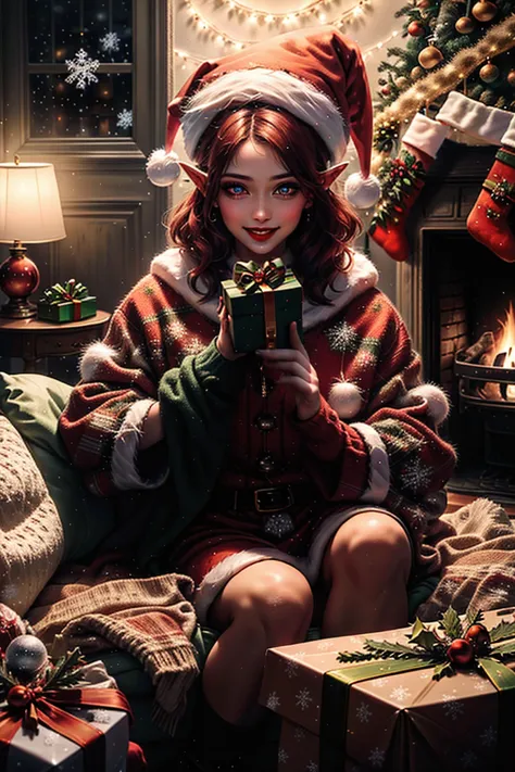 masterpiece portrait of a 30 y.o italian woman as elf holding a blue gift box, smiling, happiness, (imperfect skin:1.1), (lounge room decorated as christmas time:1.2), christmas tree, red hair, red lips, wearing a red christmas sweater, santa claus red hat, embedding:XmasScene.pt, best quality, seasonal colors,