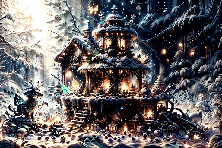 digital art masterpiece of detailed gingerbread house in a magic-fantasy-forest, little elfs, coloured butterflies, christmas time, snowed forest environment, sparkling, Chr457m45m3rg3D0nMN3M1C neon