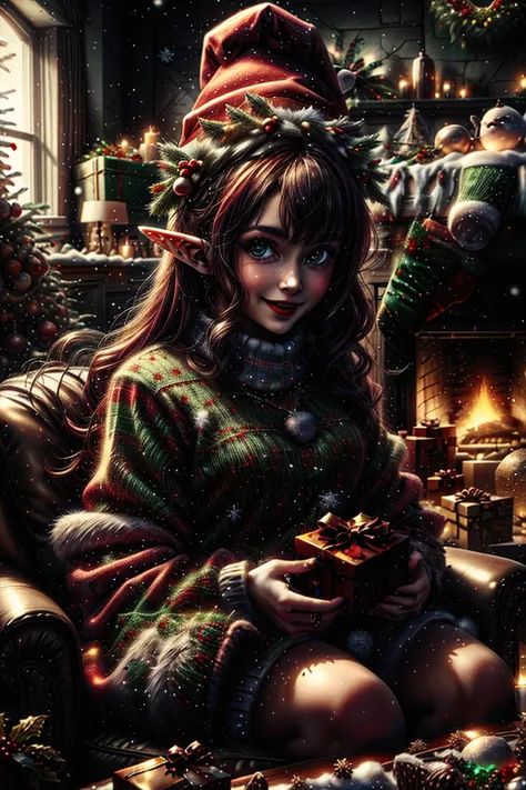 masterpiece portrait of a 30 y.o italian woman as elf holding a blue gift box, smiling, happiness, (imperfect skin:1.1), (lounge room decorated as christmas time:1.2), christmas tree, red hair, red lips, wearing a red christmas sweater, santa claus red hat, embedding:XmasScene.pt, best quality, seasonal colors, sparkling, Chr457m45m3rg3D0nMN3M1C neon