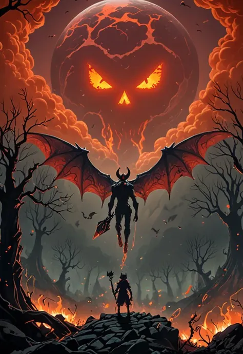 wide shot,from_above,demon wings,anthropomorphic, unusual creature, creature, vanishing_point,

outdoors,tree,nature,scenery,forest,fog,halloween,jack-o'-lantern,pumpkin,

breathtaking scenery, transporting travelers to distant realms,，Gothic architecture,gradient_sky,

magma,lava,molten rock,glowing,fire,embers,Circle，Raise your sword，ghost,red full_moon/(bright,red/), 