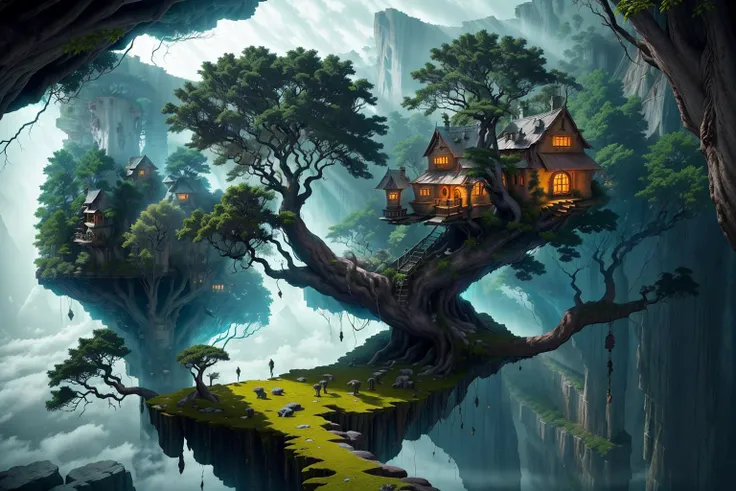 (a huge old tree on the cliff:1.2),(many tree houses are on branches:1.3),sheer, majestic cliffs,rough stone,it was thrilling,dramatic light,fog and mist,