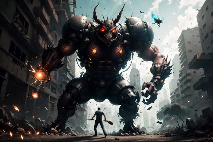 a man is fighting with a giant cockroach,spark,urban ruins background,