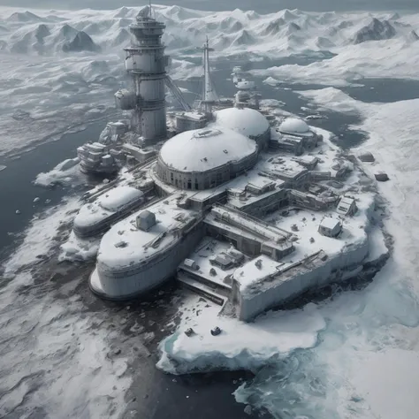arctic research facility, snowy harbor, laboratory, realistic