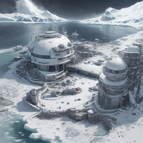 girl late twenties, arctic research facility, snowy harbor, laboratory, realistic, detailed face