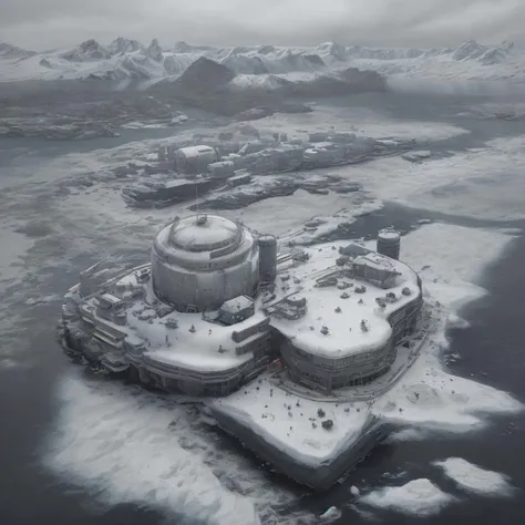 arctic research facility, snowy harbor, laboratory, realistic