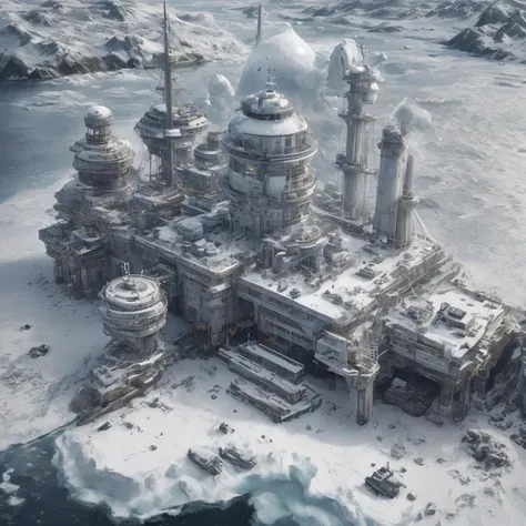 arctic research facility, snowy harbor, laboratory, realistic