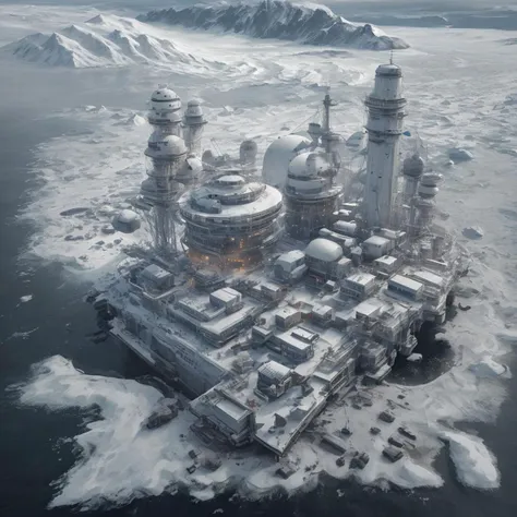 arctic research facility, snowy harbor, laboratory, realistic