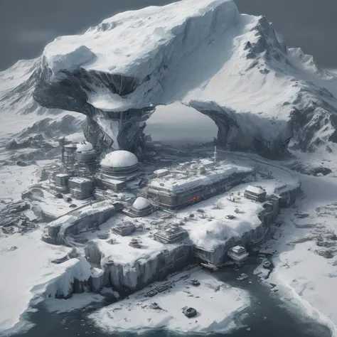 arctic research facility, snowy harbor, laboratory, realistic
