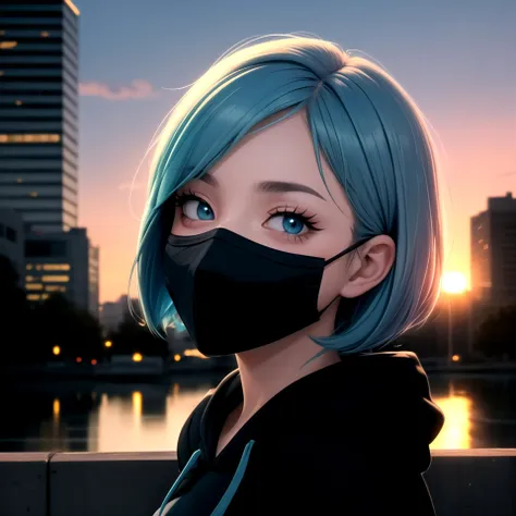 centered, masterpiece, face portrait, | 1girl, solo, aqua hair color, short hairstyle, light blue eyes, | (black mouth mask:1.2), dark blue hoodie, | city lights, sunset, buildings, urban scenery, | bokeh, depth of field,