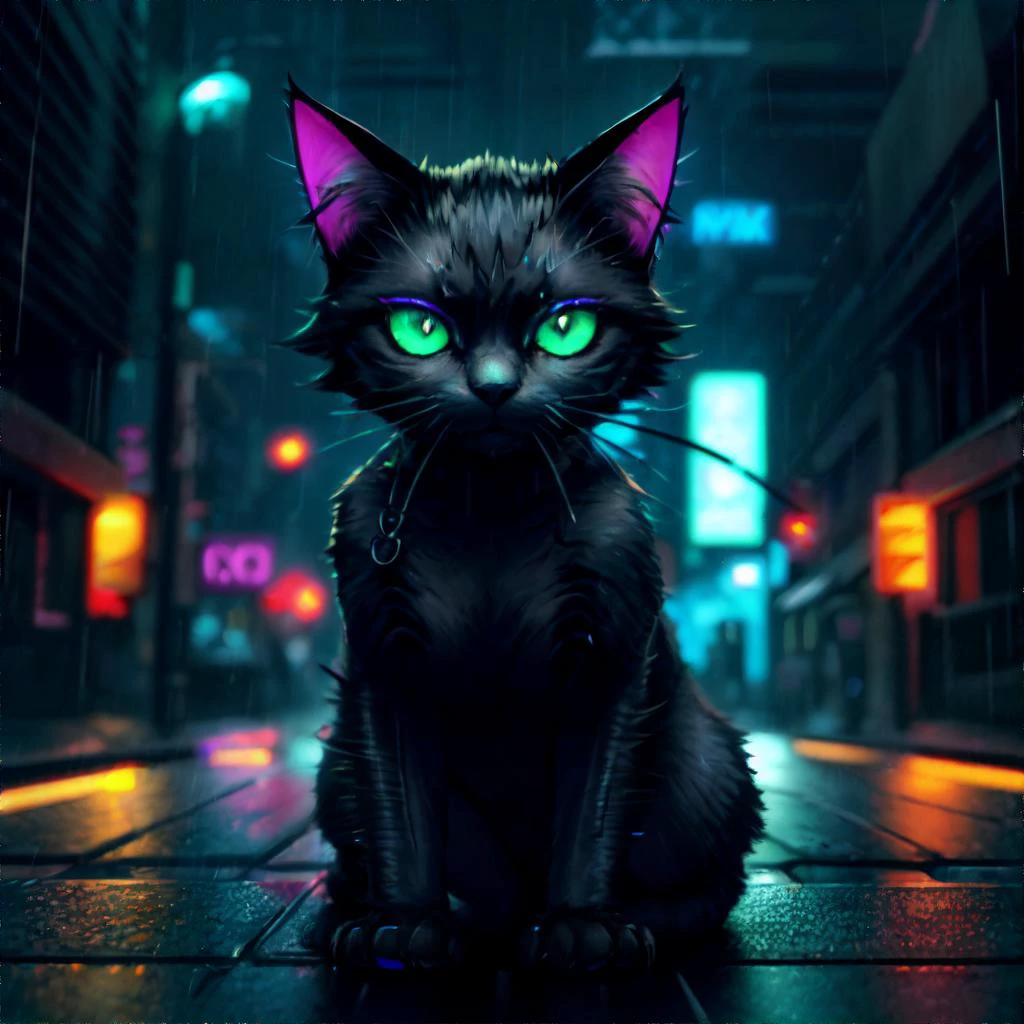 adorable cyberpunk cat, dark city street, raining, neon lights, masterpiece, high resolution, hd, 8k, shallow depth of field, <lora:more_details:0.5>