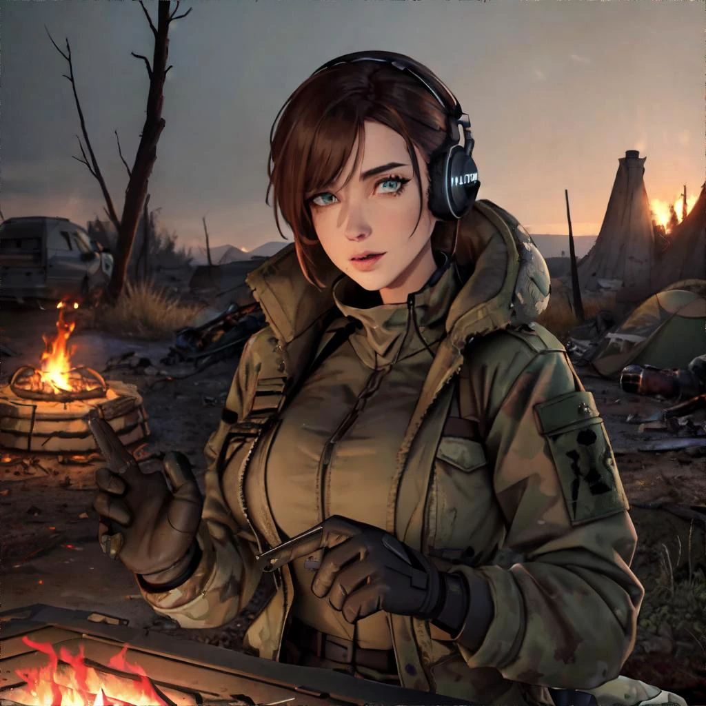 woman, perfect detailed face, Post-apocalyptic, shabby Leader Outfit: Military jacket, cargo pants, sturdy boots, radio headset, tactical gloves., in a post-apocalyptic desolate campground, faded tents, ash-filled fire pit, overturned picnic table, overgrown trail., With a Flashlight, masterpiece, high resolution, hd, 8k, shallow depth of field, sharp focus