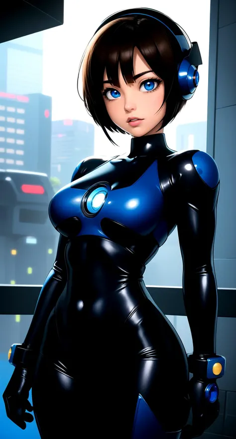 centered, digital art, upper body, (beautiful detailed eyes:1.2), | solo, woman, wearing the blue cybernetic armor with black parts of Megaman-X, tight bodysuit, brown hair, short hair, bangs, blue eyes, muscular proportions, | in a dungeon made all of metal, | bokeh , depth of field, | Megaman-X,