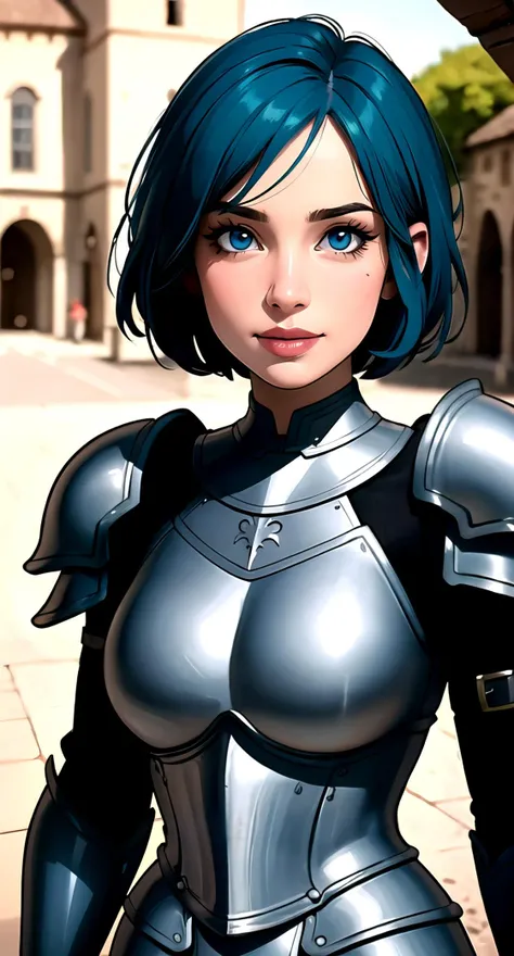 (looking at viewer, light smile, symetrical eyes), centered, award winning medium shot portrait, (hyperealistic), (beautiful detailed eyes), (gorgeous woman face), | solo, 1girl, short hair, aqua hair color, dark blue eyes color, | knight armor, | fantasy city, rpg, medieval town, | depth of field, bokeh, | smooth detailed shadows, hyperealistic shadows, |