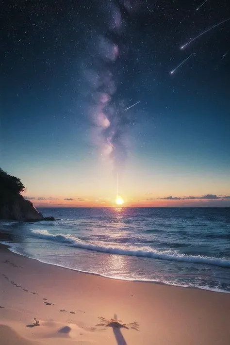 centered, cinematic shot, | beach, island, starry sky, constellations, sky, clouds, heaven, mystical, psycodelic, | sunset, bokeh, depth of field, |