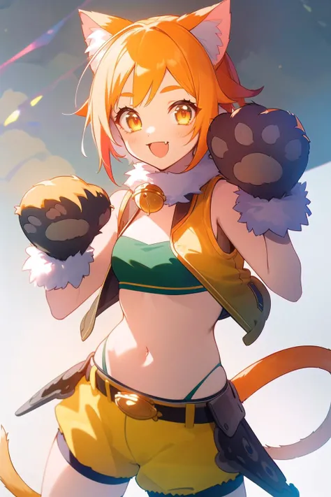 masterpiece, best quality, (colorful), (delicate eyes and face), volumetric light, ray tracing, extremely detailed CG unity 8k wallpaper, <lora:Hiyori_125_1:0.9>, hiyori, tail:0.9, orange eyes, green bandeau, open vest, yellow short shorts, puffy shorts, paw gloves, animal hands, :d, fang, looking at viewer, white background
