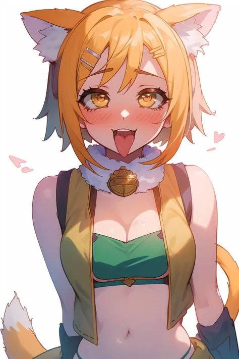 anime, hdr, soft light, ((best quality)), ((masterpiece)), (detailed), <lora:Hiyori_125_1:0.8>, hiyori, 1girl, tail:1, hairclip, orange eyes, green bandeau, bare shoulders, open vest, upper body, close-up, ahegao, blush, tongue out, <lora:ahegao:0.8>, white background