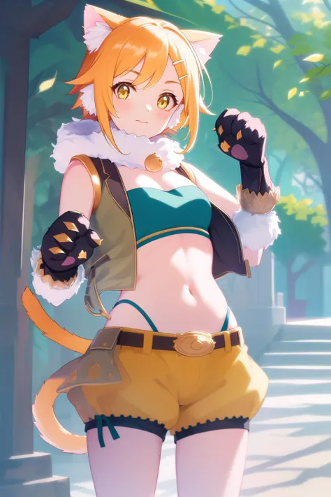 anime, hdr, soft light, ((best quality)), ((masterpiece)), (detailed), dark theme, low key, <lora:Hiyori_125_1:0.9> hiyori, tail:0.8, green bandeau, open vest, yellow short shorts, puffy shorts, paw gloves, looking at viewer, cowboy shot