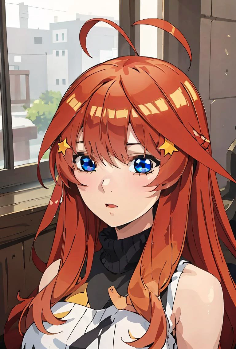 (masterpiece, best quality), 1girl, <lora:Nakano Itsuki:0.8> hair clip_blue eyes_ red hair_long hair_ahoge