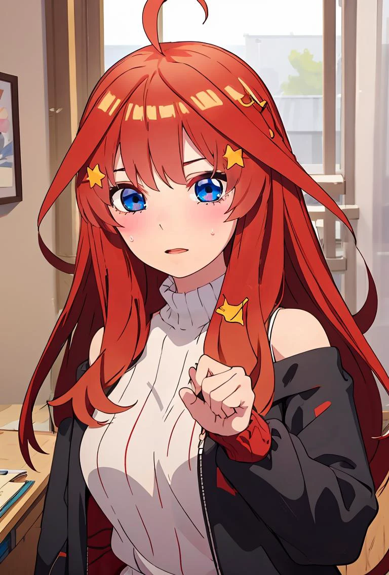 (masterpiece, best quality), 1girl, <lora:Nakano Itsuki:0.8> hair clip_blue eyes_ red hair_long hair_ahoge