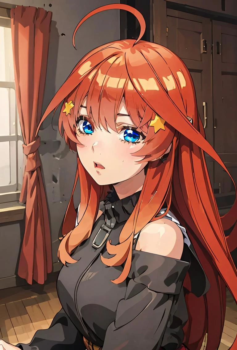 (masterpiece, best quality), 1girl, <lora:Nakano Itsuki:0.8> hair clip_blue eyes_ red hair_long hair_ahoge